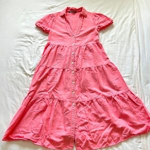 Zara Linen Blend Tiered Button Down Midi Dress
